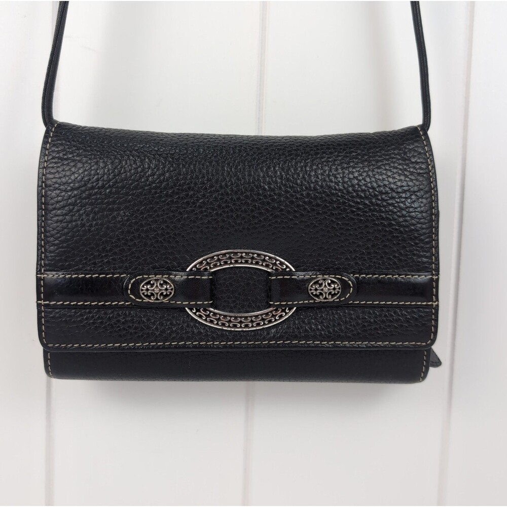 Brighton Organizer Crossbody Wallet Black Pebbled Leather Purse Silver Accent